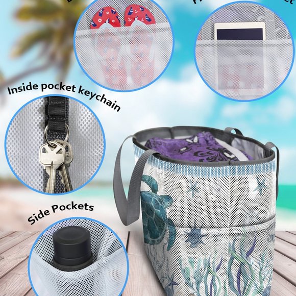 Large Sea Turtle Patterned 7 Pocket Mesh Sand-Proof Beach Bag - Picture 5 of 6